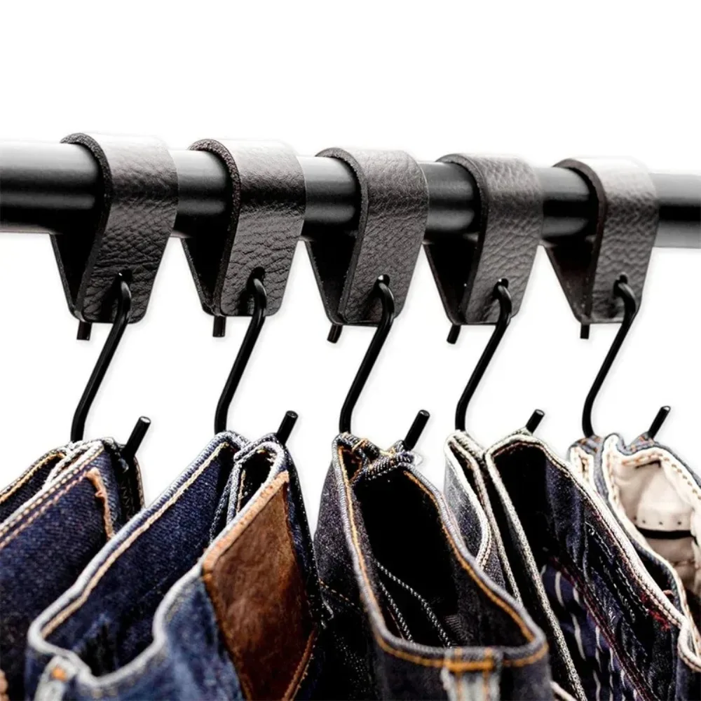 5/10 قطعة حلقة جلدية سوداء S شكل هوك خطاطيف معاطف متعددة الوظائف خطاف تعليق المعاطف لقبعة غرفة نوم المطبخ خطاطيف تعليق