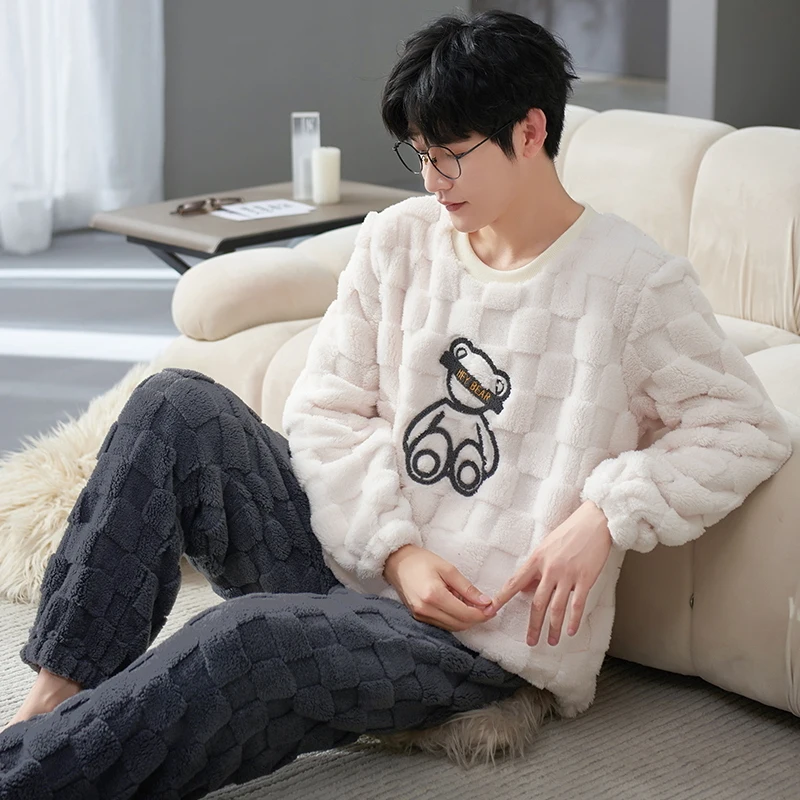 

Cartoon Bear Print Men Autumn Two Piece Pajama Set Long Sleeve Crew Neck Top & Elastic Waist Pants 2 Pieces Sleepwear Nightwear