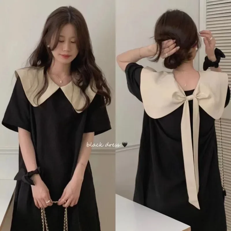 Bow Dresses Female Summertime Fashion Loose Look Slimmer Nightdress Black Minority Sense of Design Color Contrast Doll Collar