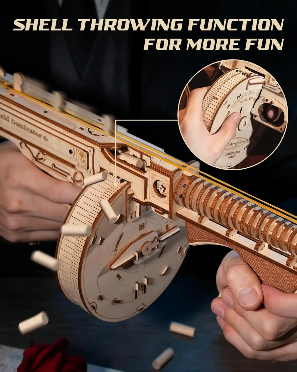 3D Wooden Puzzle Thompson Submachine Gun Block Toy Model Building Kits with Rubber Band for Adults and Teen Boys