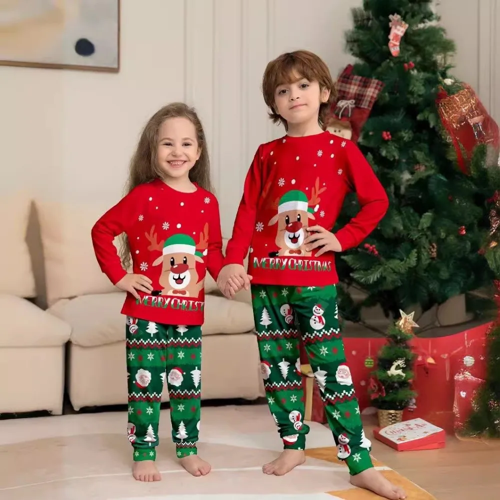 

New Christmas Family Matching Outfits Cartoon Printed Soft Christmas Pyjamas Set Deer Santa Adult Kids Loungewear Dad Mom