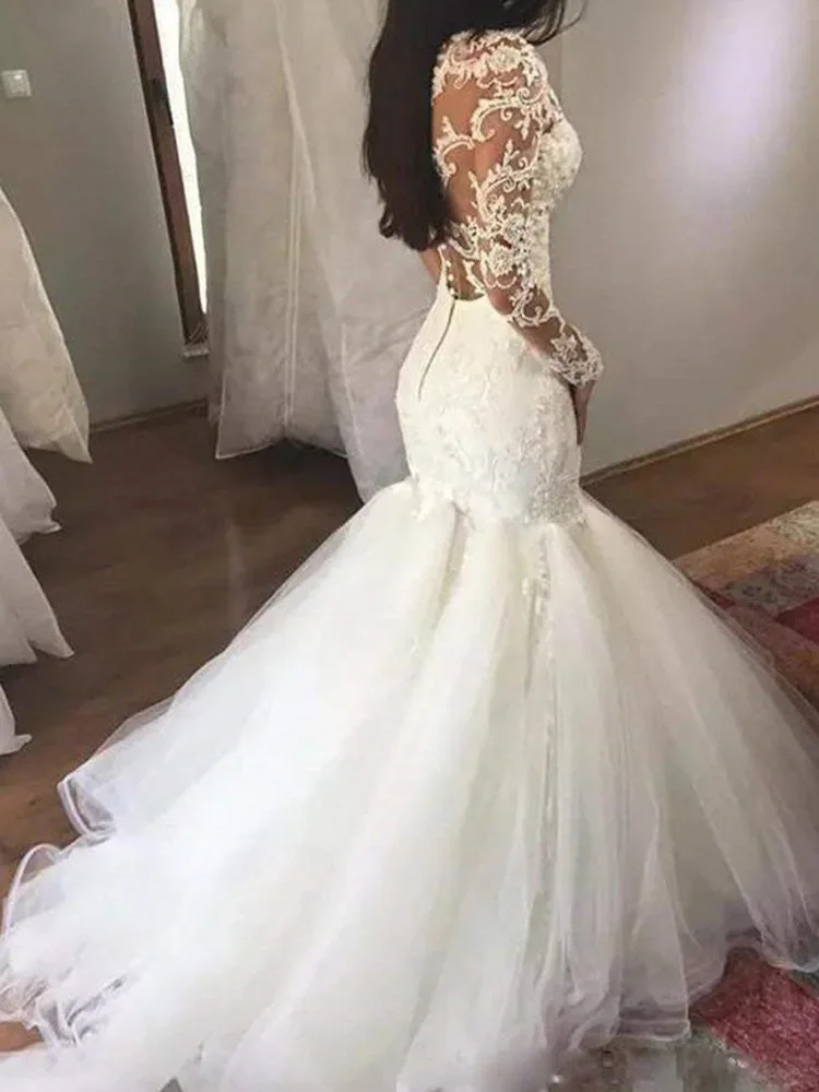 ヴィンテージ長袖アップリケマーメイド結婚披露宴ドレスアフリカ V ネックフロアレングスチュールブライダルガウンローブデマリー