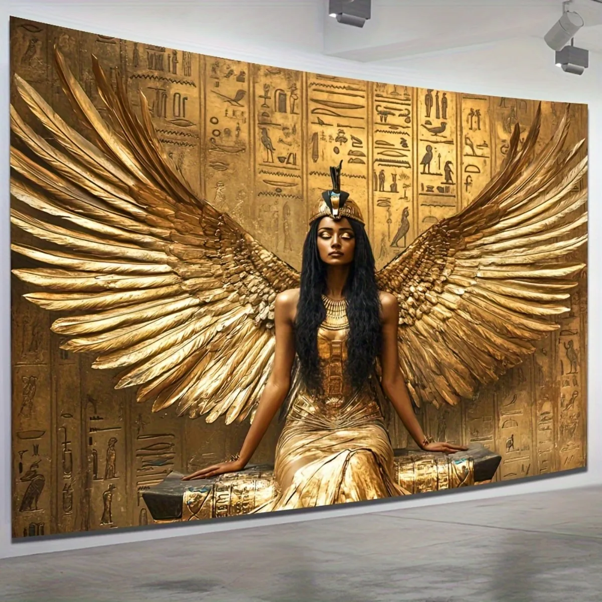 Egyptian Goddess Golden Wings Tapestry Mythological Celestial Wall Hanging Art Decor for Home Living Room Party