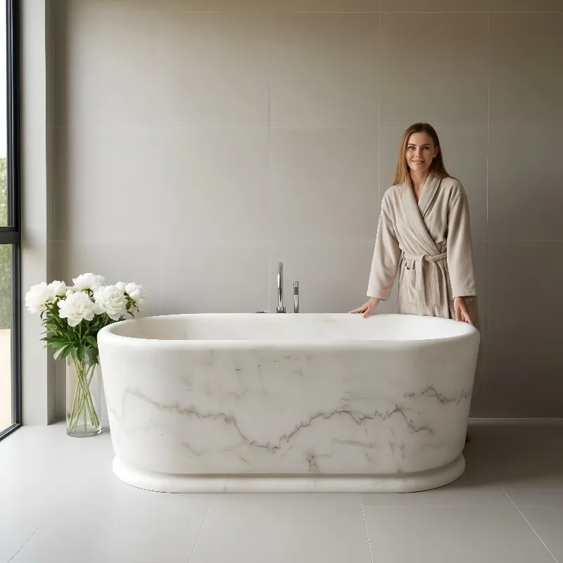 Modern Carrara White Marble Freestanding Bathtub Japanese Soaking Tub Small Size Natural Stone Standalone Bath For Hotel Villa