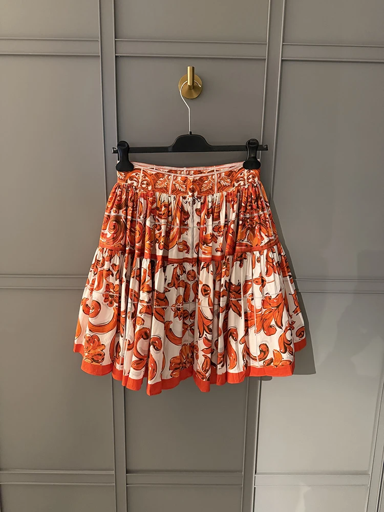Summer Fashion Vintage Geometric Print Cotton Mini Skirt Women's Party Middle Waist Slim Flounces Hem A-Line Short  Skirt