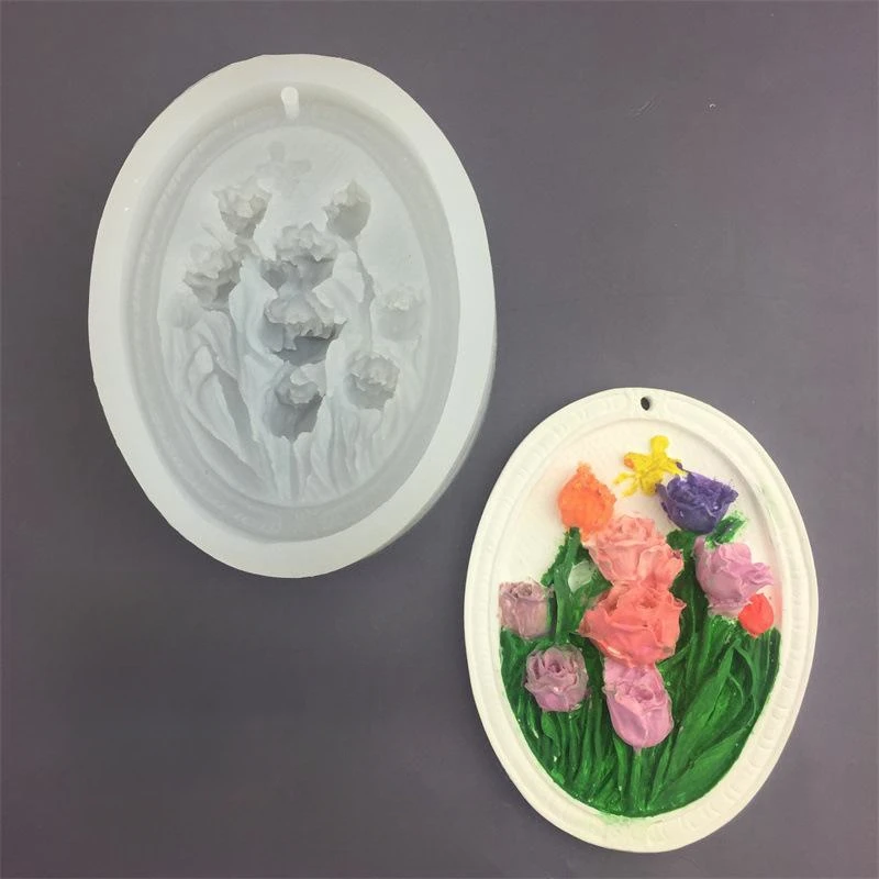 3D Rose Flowers Aromatherapy Wax Pendant Silicone Mold DIY Oval Plaster Gypsum Ornament For Car Decoration Molds