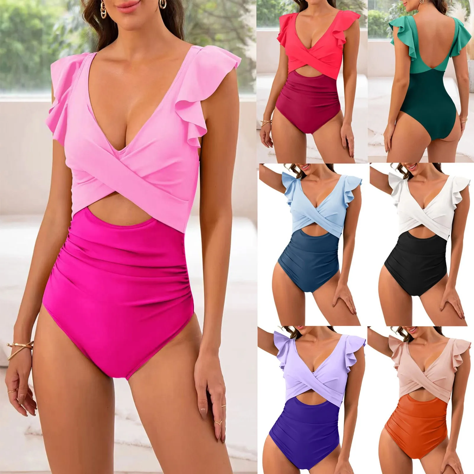 bikini Sexy Colour Blocking Women's Swimsuits With Bra Pads One-Piece No Steel For Teenagers biquinis feminino tendência 2024