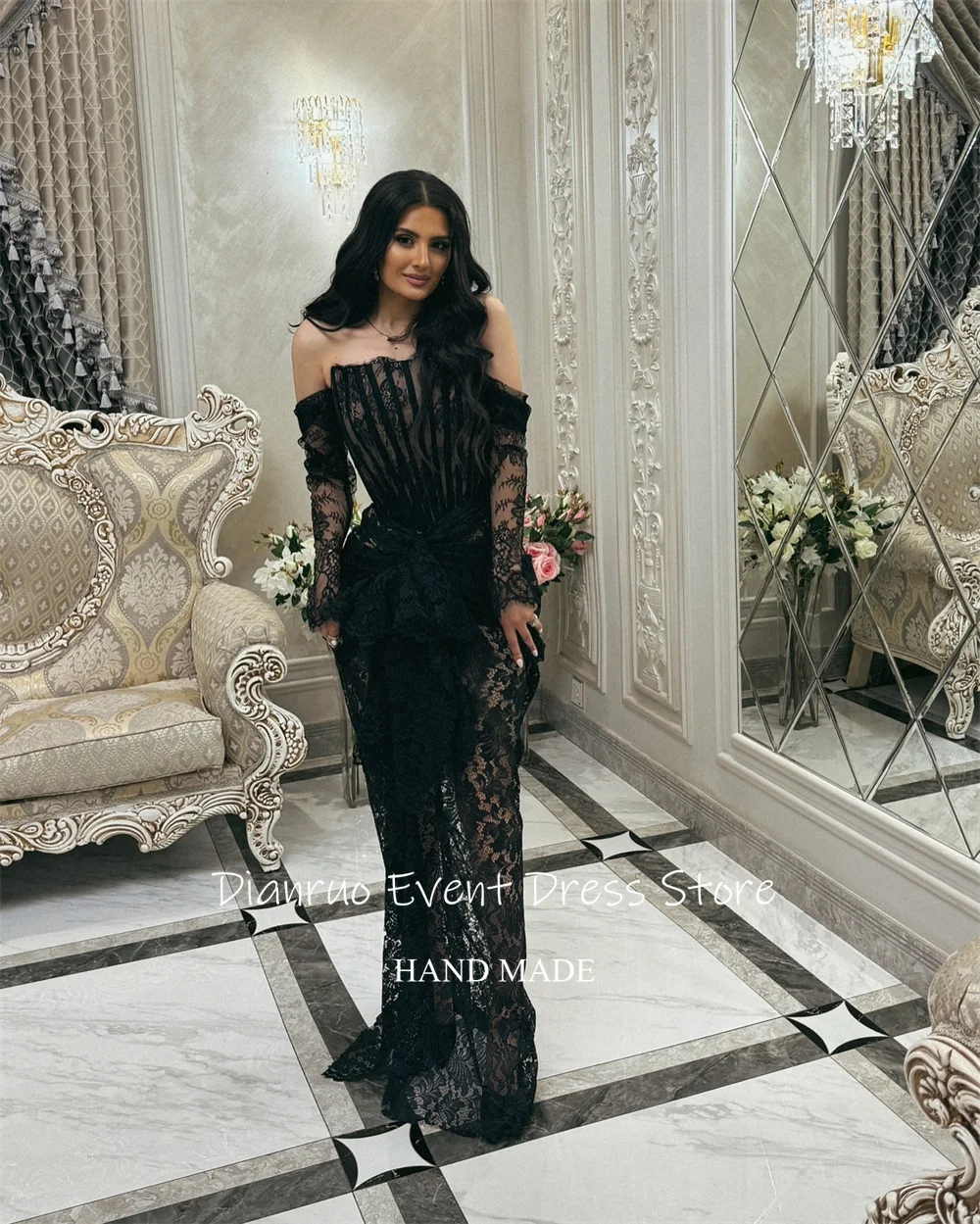 Dianruo Прозрачное черное вечернее платье с уникальными аппликациями и кружевом Vestidos De Novia с открытыми плечами, шикарное Abiti Da Cerimonia по индивидуальному заказу