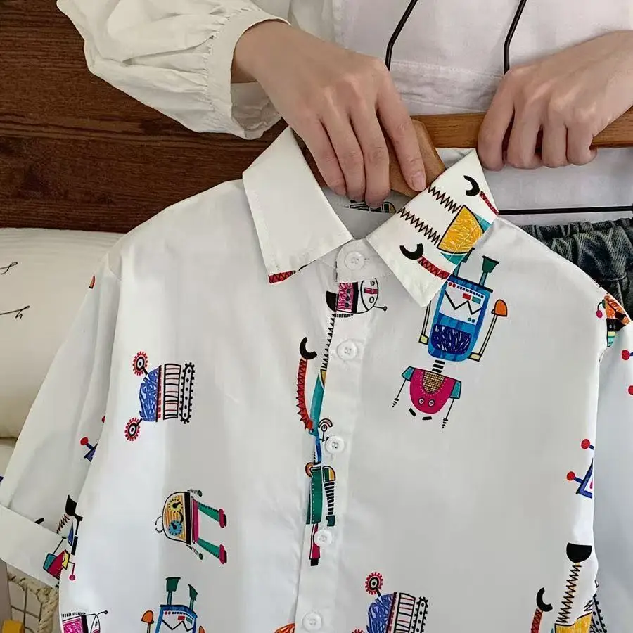 Boys' Cartoon Shirt Spring and Autumn New Children's Leisure Robot Full Print Cardigan Boys' Baby Handsome Fashion Top Trendy