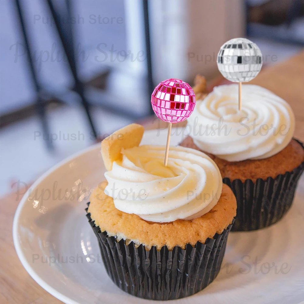 34-teiliges Disco-Kugel-Cupcake-Topper-Set, Spiegel-Silber, Gold, Pink, 70er Retro Kuchendekoration für Disco-Themen-Geburtstagsfeiern – Detail 16