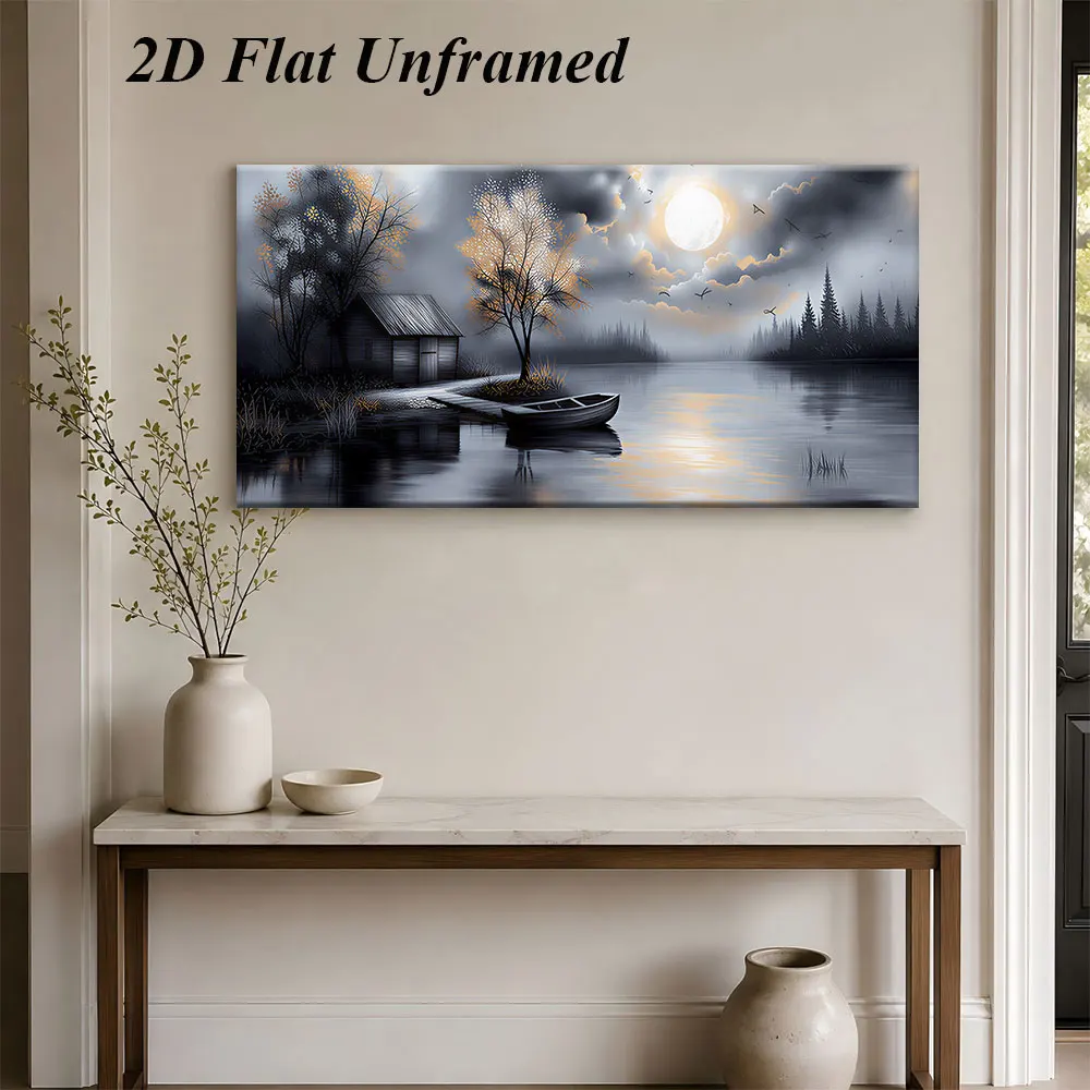 1pc (No frame),1 peaceful moonlit lake cabin frameless decorative painting, modern minimalist living room, foyer, corridor, natu