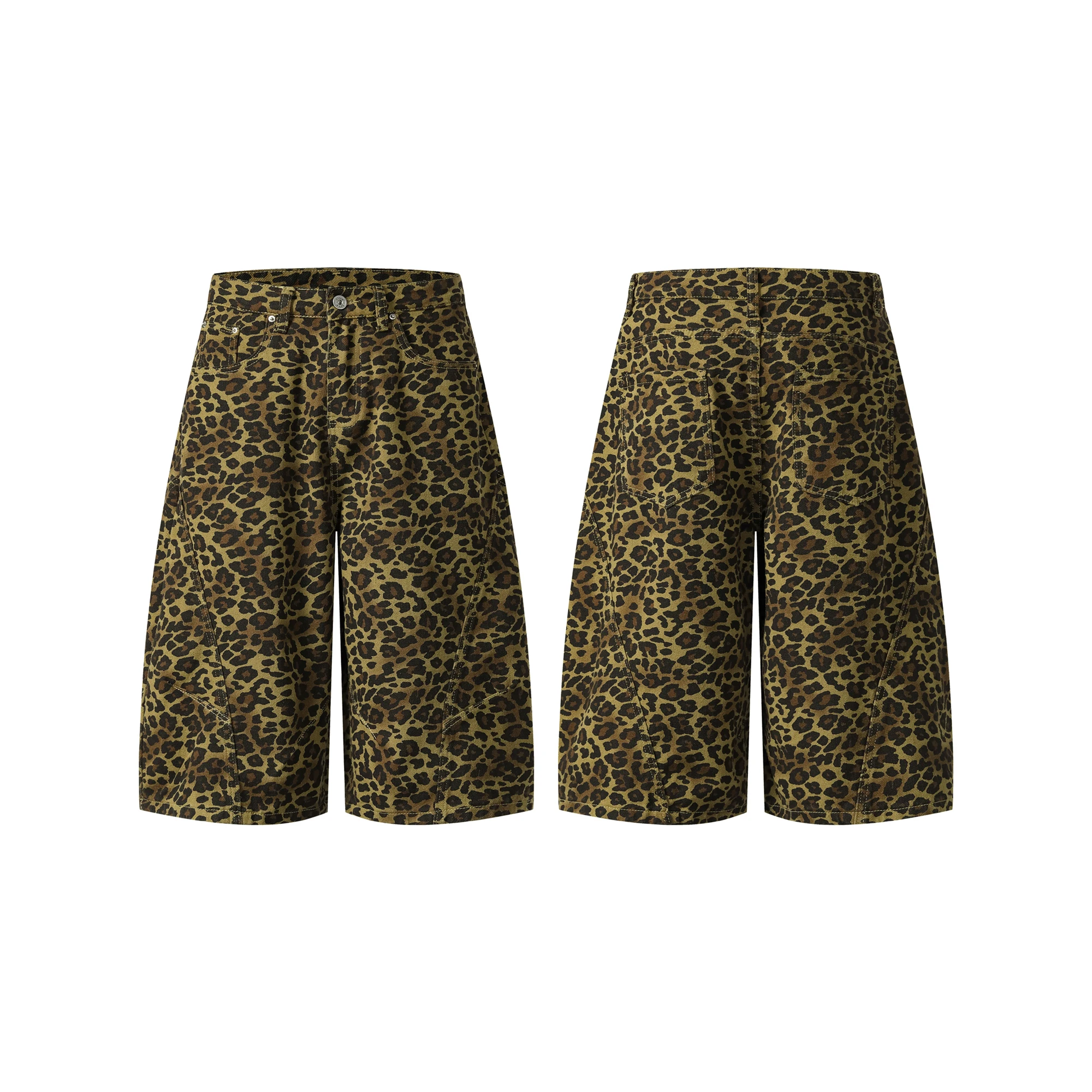 

Retro American Leopard Print Jeans Men Women Summer Trendy Loose Straight Casual orts High Street Seven-Part Knife Pants