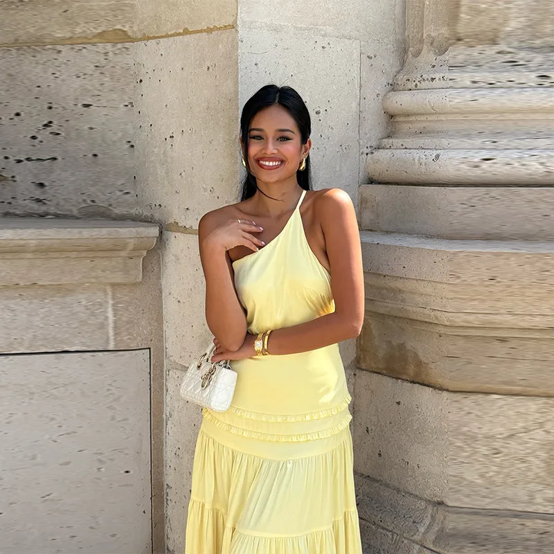 Vintage Chic Gown Pale Yellow Satin Women Maxi Dresses Parties Elegant Female Ensembles Fall Ladies Outfit