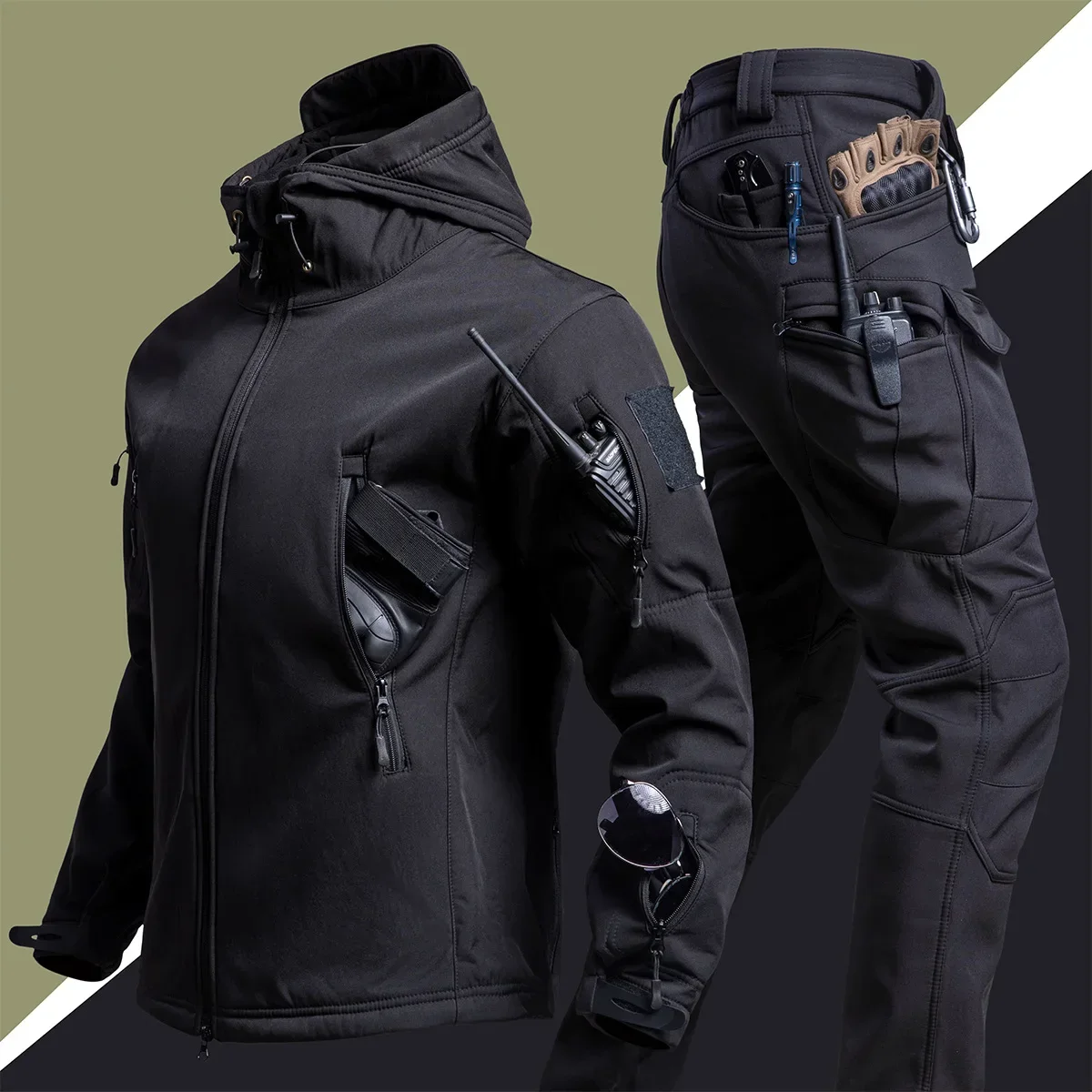 5XL 6XL メンズアウトドア新作ソフトシェル防水・耐切創厚手ウールフリース多ポケットタクティカルセット、低価格セール中