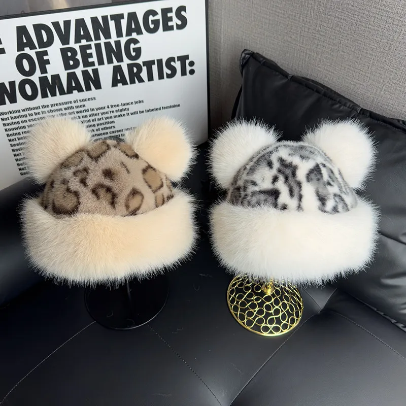 Winter Cartoon Leopard Print Plush Mongolian Hat for Women Warm Thick Earflap Trapper Cap Retro Faux Fur Bucket Hat with Ears