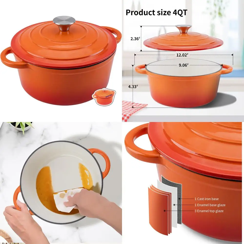 

Сверхмощная эмалированная чугунная голландская кастрюля 4QT с крышкой для выпечки хлеба, тушения, раковины, обжарки - посуда оранжевого цвета