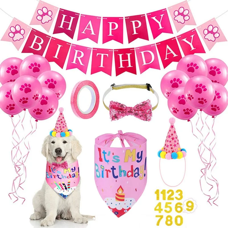 Pet Birthday Party Banner Pull Flag Birthday Hat Set Dog Paw Balloon Saliva Towel Bow Tie Pet Pros Pet Accessories