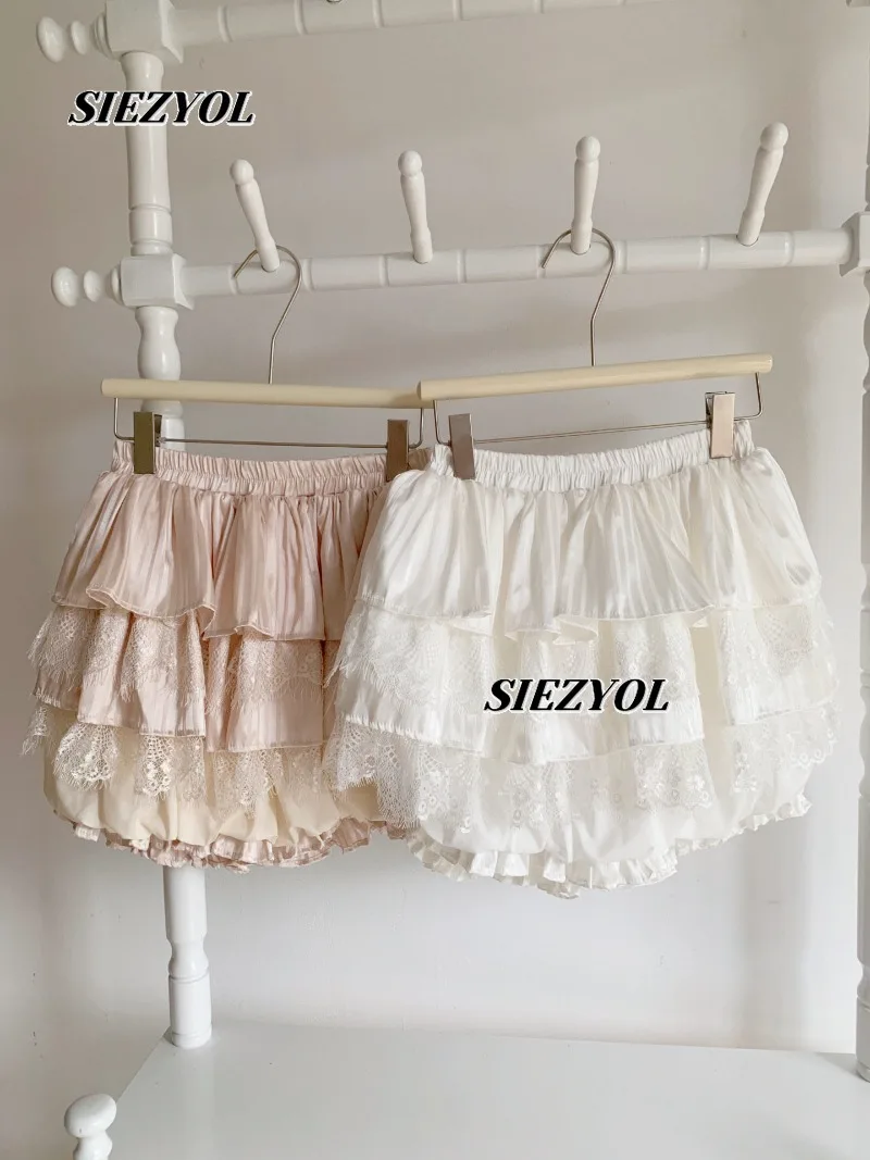 Lace Elastic Waist Lined Puffy Short Skirt Summer New Fashion Versatile Sweet Cute Girls Cake A- Line Culottes Skirts