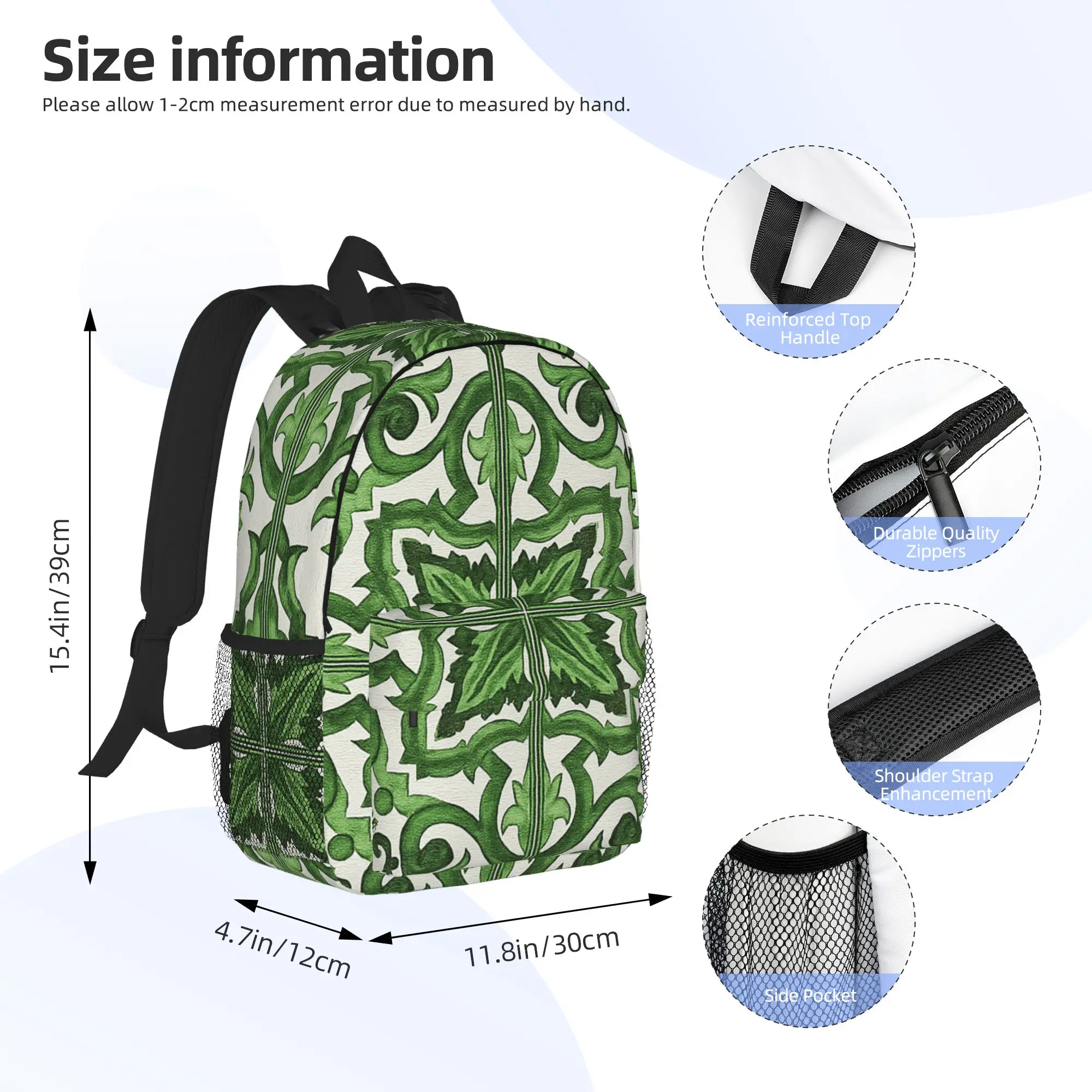 Green Ornate Floral Mediterranean Sicilian Tile Backpack Hot Sale Daypack  BookBag Shoulder Bags for Men Women School Bag