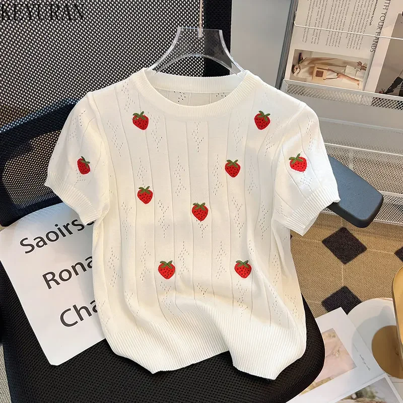 2024 New Summer Strawberry Embroidery Hollow Out Sweater Women Knitted T-Shirt White Short Sleeve Thin Knitwear Tops Tees Female