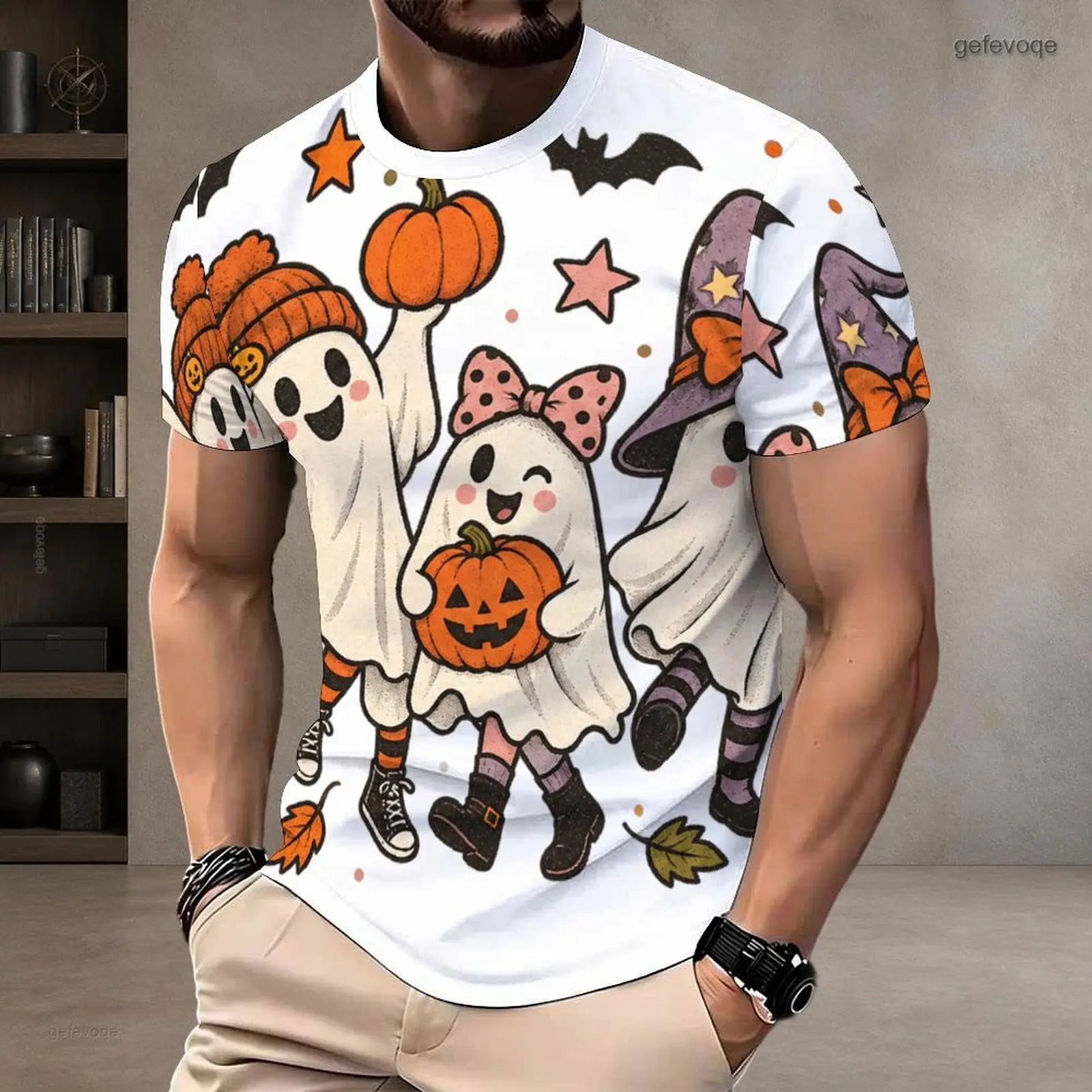 Men Printed Short Sleeve Round Neck T-Shirt, Cute Cartoon Halloween Ghost Pumpkin Bat Star Leaf Pattern White Top