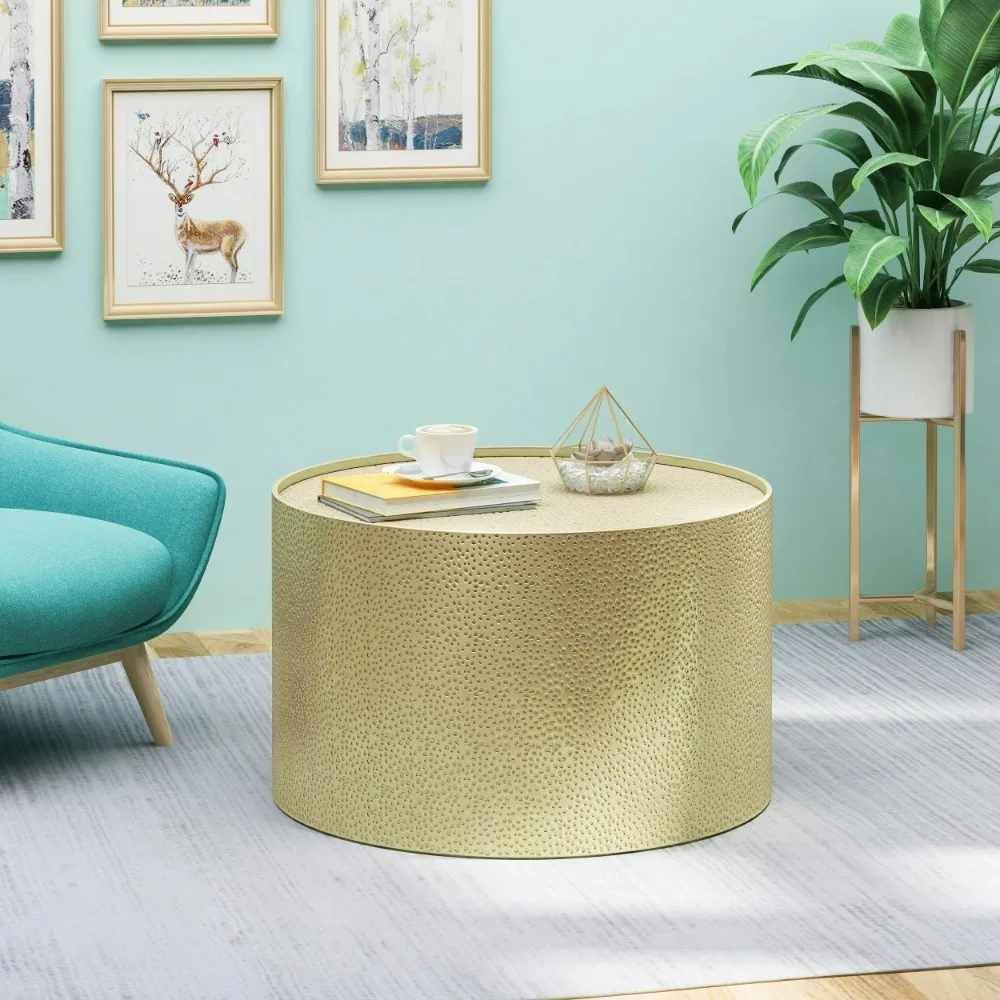 

Noble House Corey Modern Hammered Iron Round Coffee Table, Gold Desert Fields Corey Modern