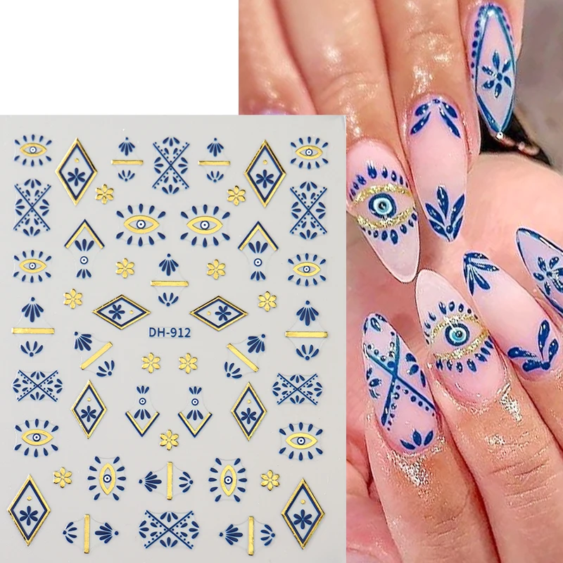 2 stuks Boheemse nagelstickers bronzing blauwe totem boze oog ontwerpen gouden lijn retro patronen zelfklevende stickers sliders decoratie