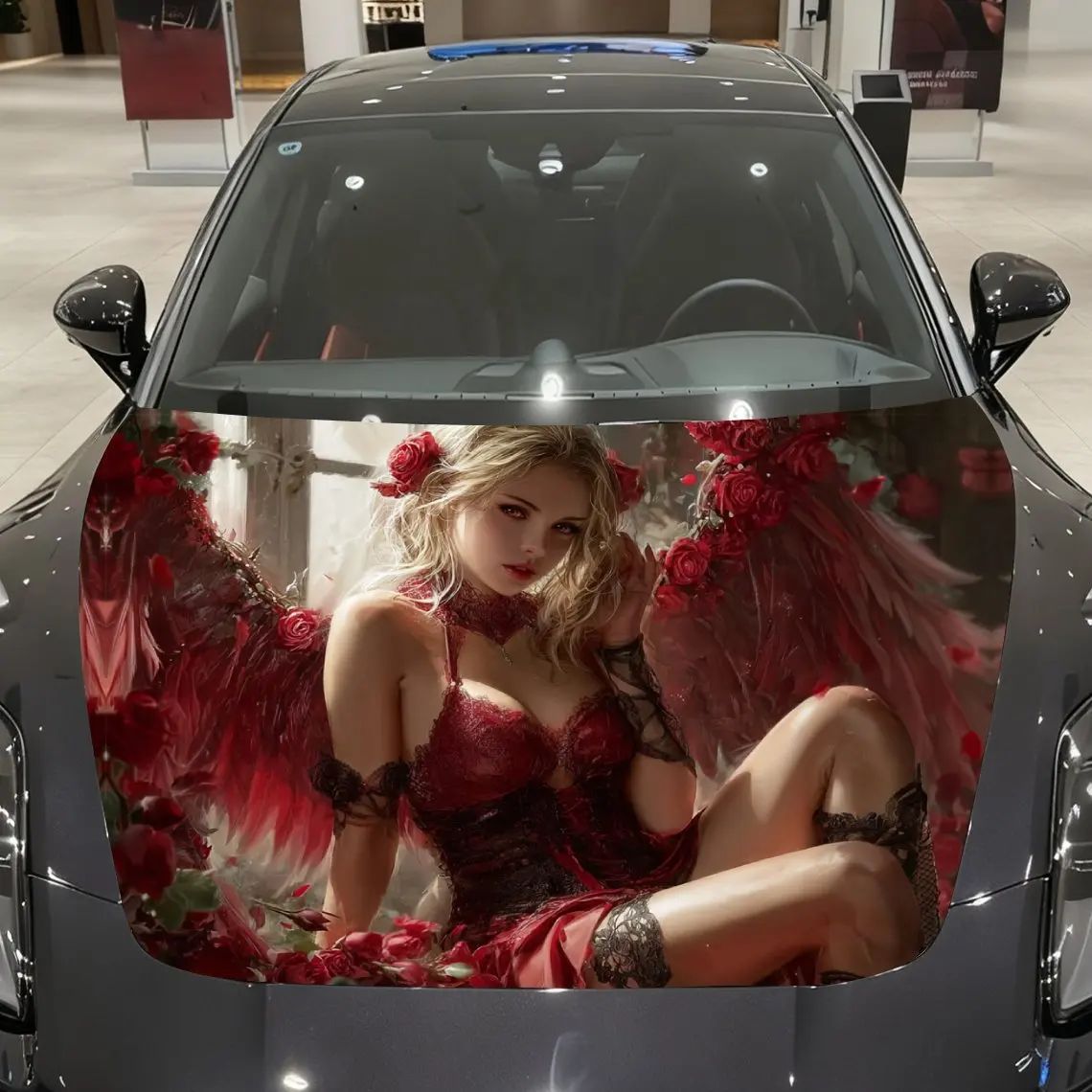

Red - Winged Rose Angel Car Vinyl Wrap, PVC Material Waterproof Car Hood Sticker, Self-Adhesive Scratch-Resistant Stickers for E