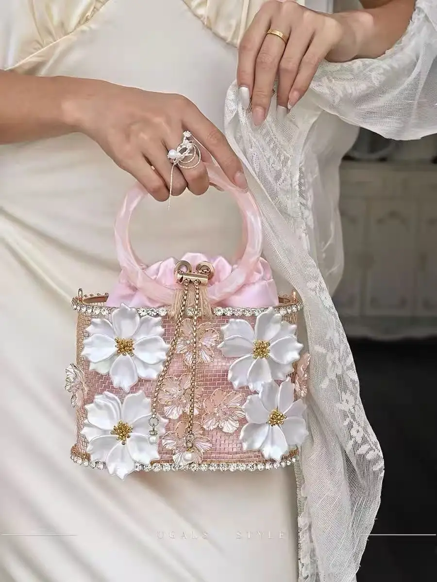 

Fashion Solid Floral Acrylic Ring Banquet Bag Wedding Party Clutch Purse Glitter Rhinestones Diamond Women Handbag Shoulder Bag