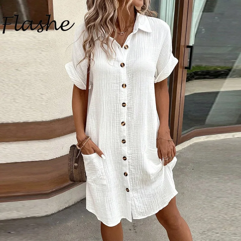 Summer Shirt Dress Women Casual Turn Down Collar Short Sleeve Button Beach Holiday Dresses For Women Fashion Mini Dress  White