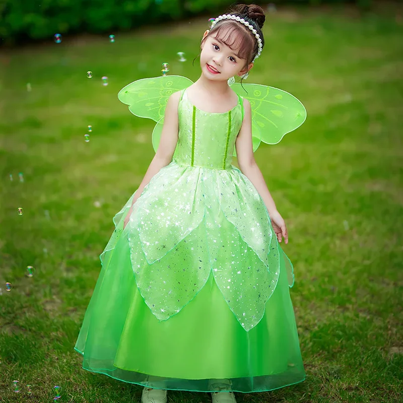 Girls Princess Tinkerbell Tinker Bell Faery Fairy Elf Flower Elves Charm Dresses Costume With Wings Halloween Costume for Kids