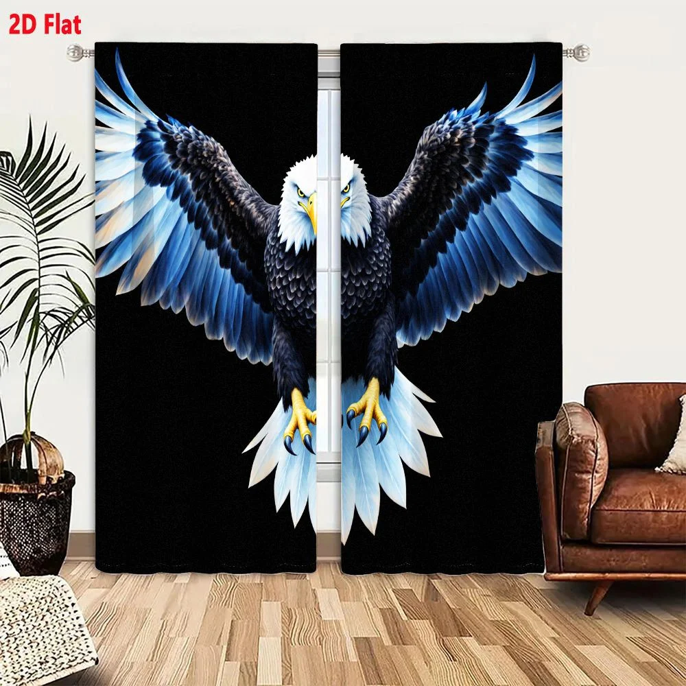 2Pcs Curtains 2D Flat Digital Illustration Of A Bald Eagle With Outstretched Wings On Solid Black Background Detailed Realistic