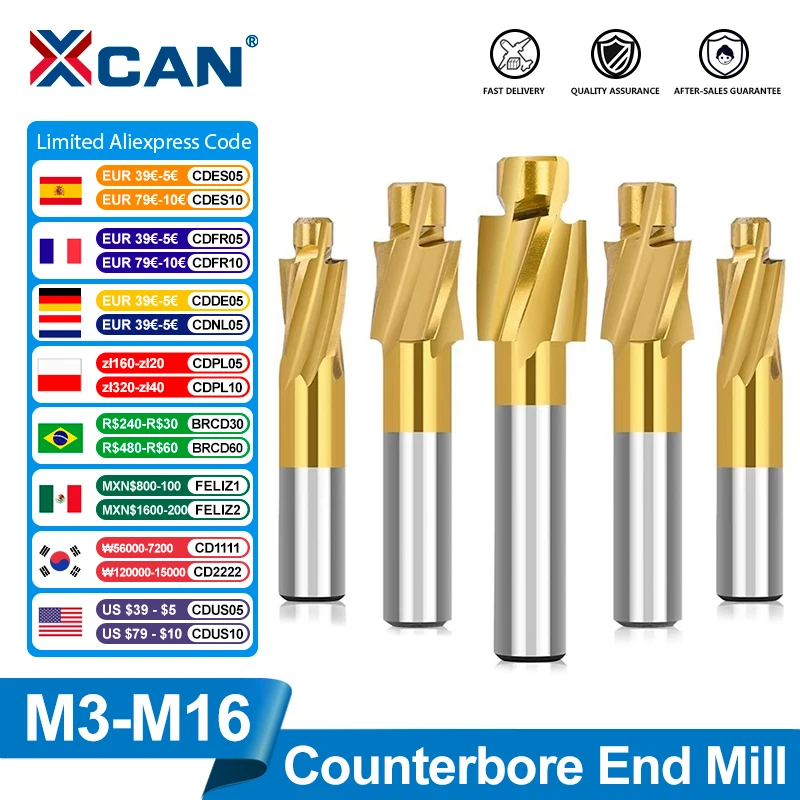 XCAN Milling Cutter M3-M16 Counterbore End Mill TiN Coated 4 Flute Pilot Slotting Cutter Router Bit HSS Milling Tool