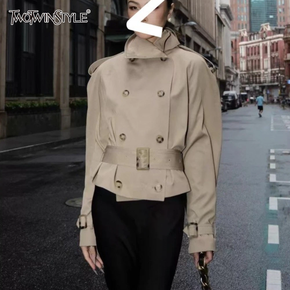 

TWOTWINSTYLE Khakl Spliced Sashes Basics Jacket Female Turtleneck Long Sleeve Slimming Street Women's Jackets Summer Fashion New
