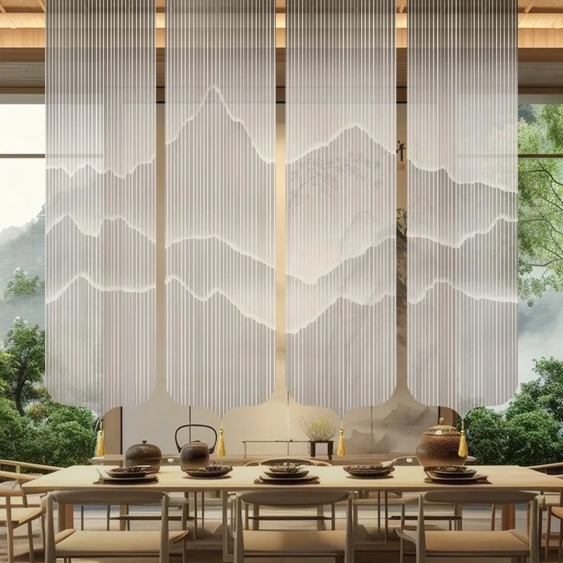 4Pcs Chinese Ink Landscape Painting Tulle Curtain Sheer Hanging Valance for Teahouse Living Room Partition Windows Curtain
