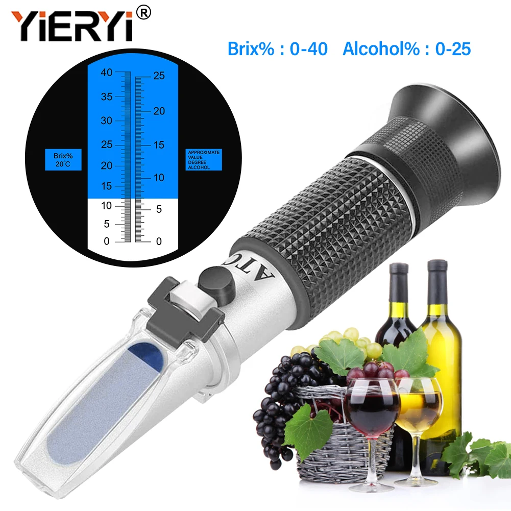 Yieryi 0~40% Brix 0~25% Alcohol Double Scale Wine Refractometer Handheld Sugar Concentration Meter ATC