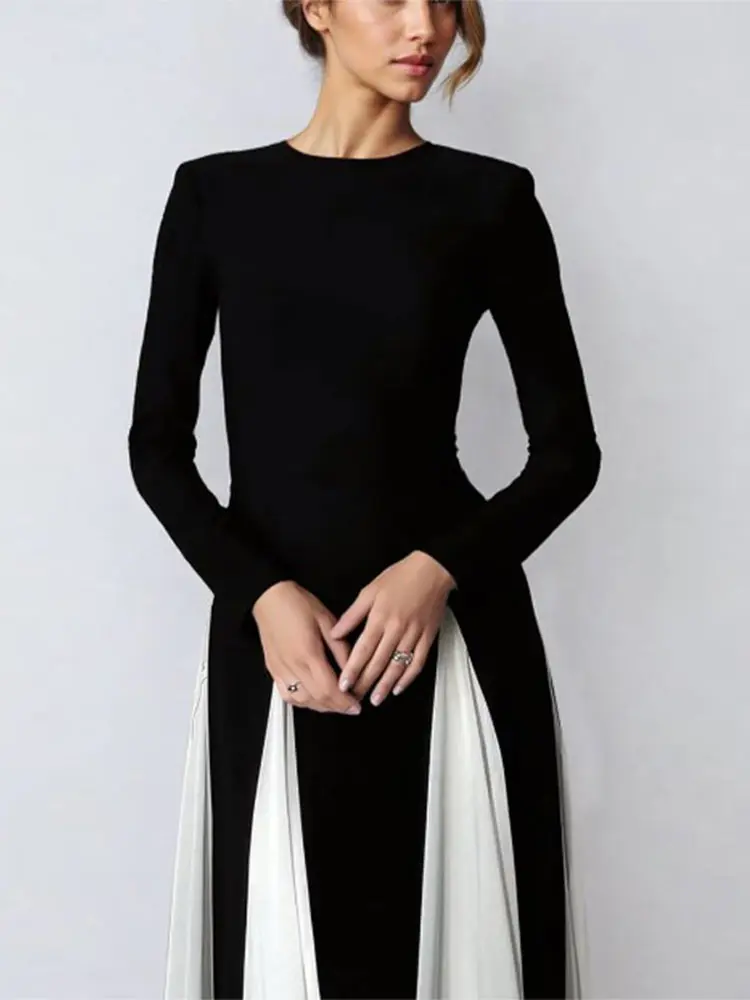 Black White Contrast Patchwork Mesh A-line Dress Women O Neck Long Sleeve Skinny Robes Female Elegant Party Club Evening Gown