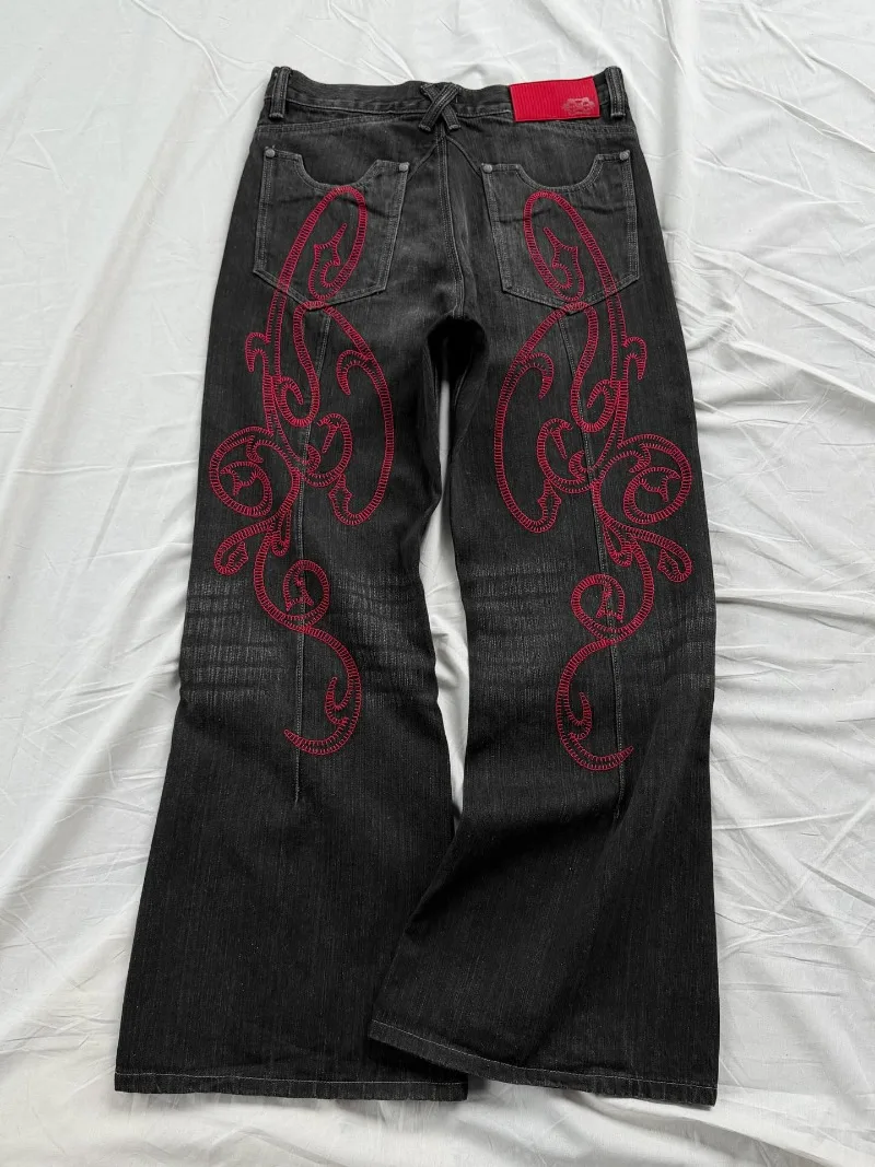 Roupas Retro Y2k Dark High Street para Mulheres, Jeans Americanos Hip-hop com Bordado Vermelho, Calças Largas Casuais Oversized para Homens