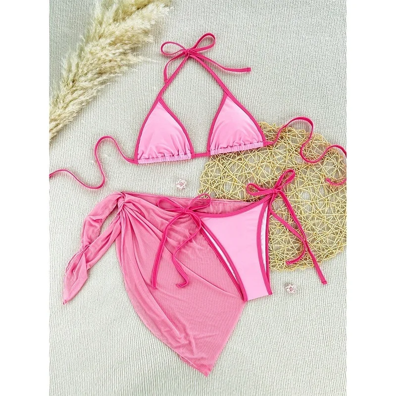

2026 New Women's 3 Piece Bikini Set Sexy Deep V Push Up Backless Swimsuit Ladies High Waist Bathing Suit