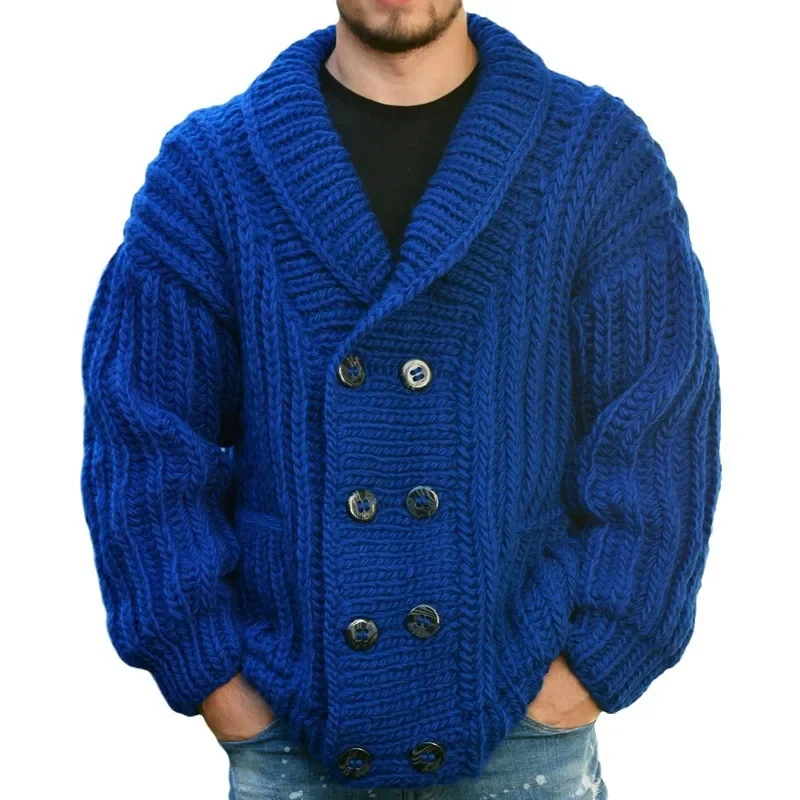 Men Cardigan Open Stitch Sweaters Coat Turn Down Collar Double Breasted Knitted Solid Casual Loose Knit Coats Autumn Winter
