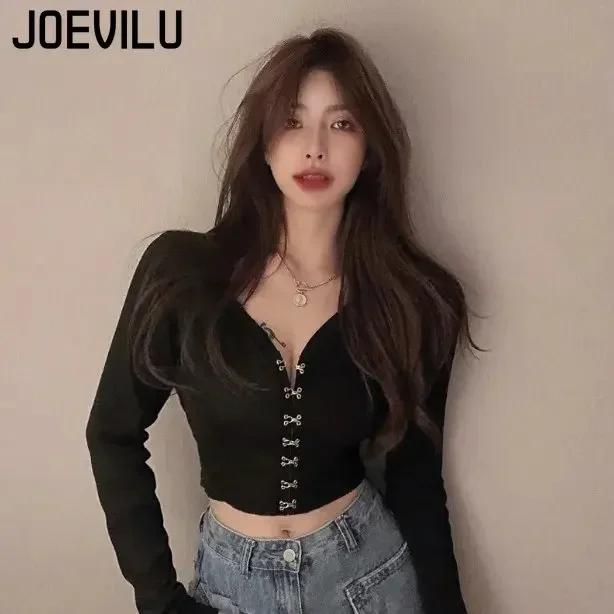 JOEVILU Chic Crop Tops Sexy V-neck Knitted Cardigan Spring and Autumn Long Sleeve T-shirt Women\'s Korean Y2k Top Gothic Clothes