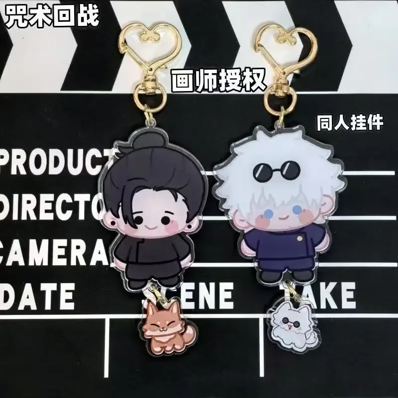 Cute Chibi Acrylic Keychain White Hair Mask Boy Dark Hair Bun Boy Heart Clip With Cat Fox Charm Single Sale Kawaii Accessory