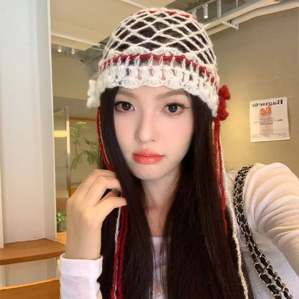 Breathable Hollowed Out Knitted Hat Casual Handmade Beret Cap Summer Flower Skullies Hat for Women