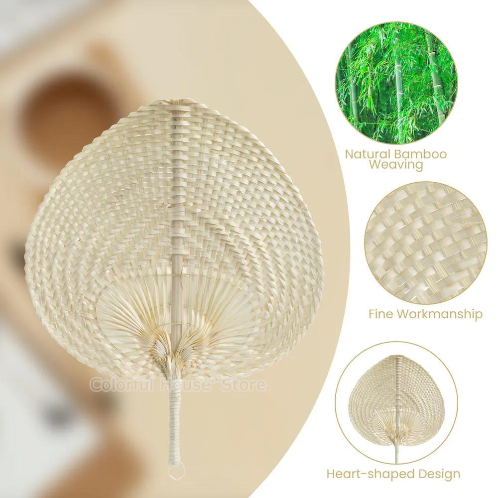 5pc Heart Shaped Bamboo Weaving Hand Fans With Handle Handmade DIY Woven Cooling Fan Home Arts Decor