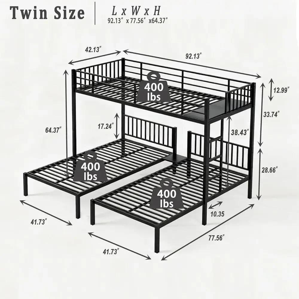 Heavy Duty Metal Triple Bunk Bed with Guardrails, Ladder, Converts to 3 Twin Beds, Ideal for 3 Kids, Black