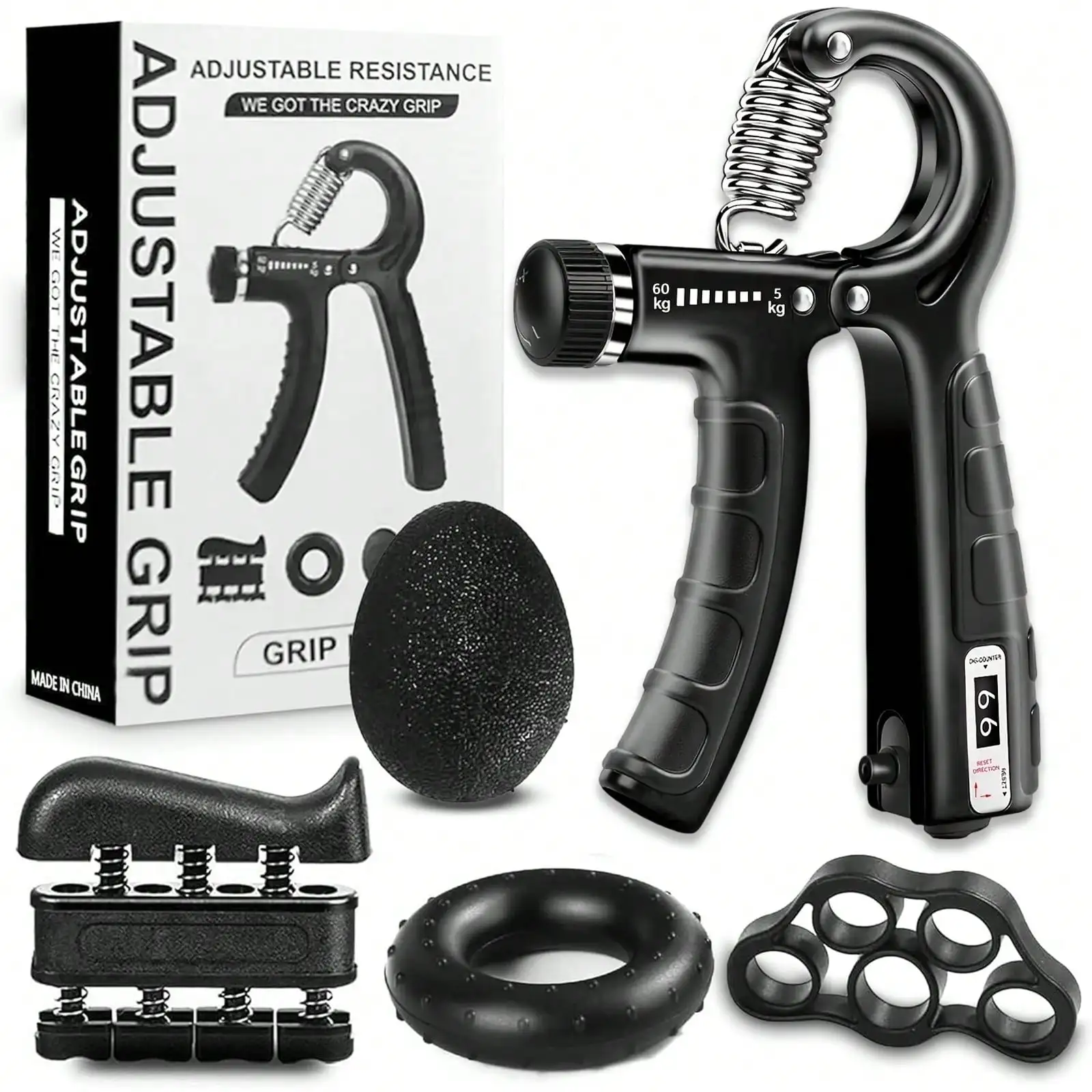 Adjustable Counting Hand Grip Strengthener Kit, 5‑in‑1 Hand Exerciser Set with Finger Stretcher, Grip Ring, Stress Relief Ball for Hand Strength Training, Rehabilitation and Workout