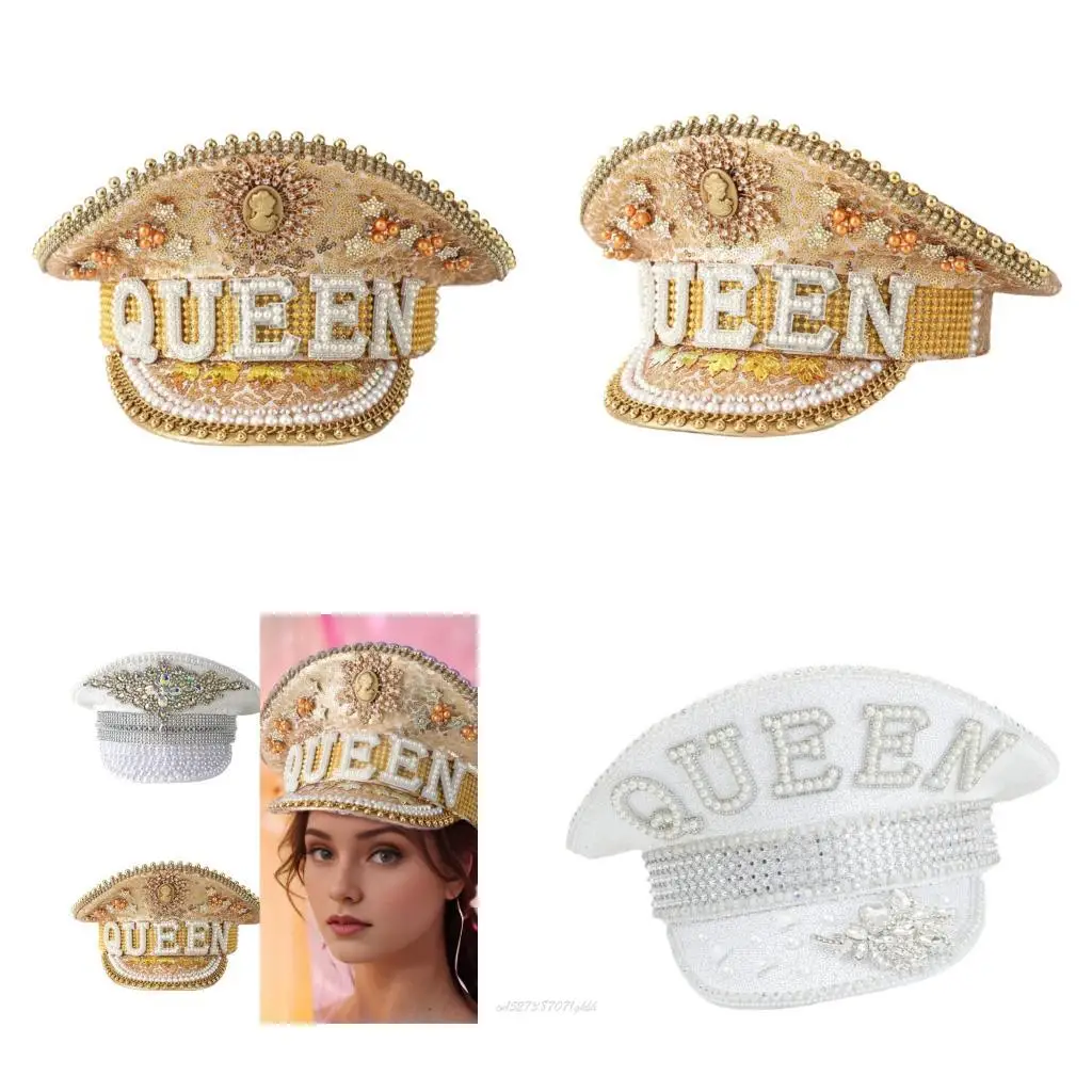 

X5XA Bridal Captain Hat Jeweled Rhinestones for Women Bride Hat Sparkling Sequins Eye-catching Photo Props
