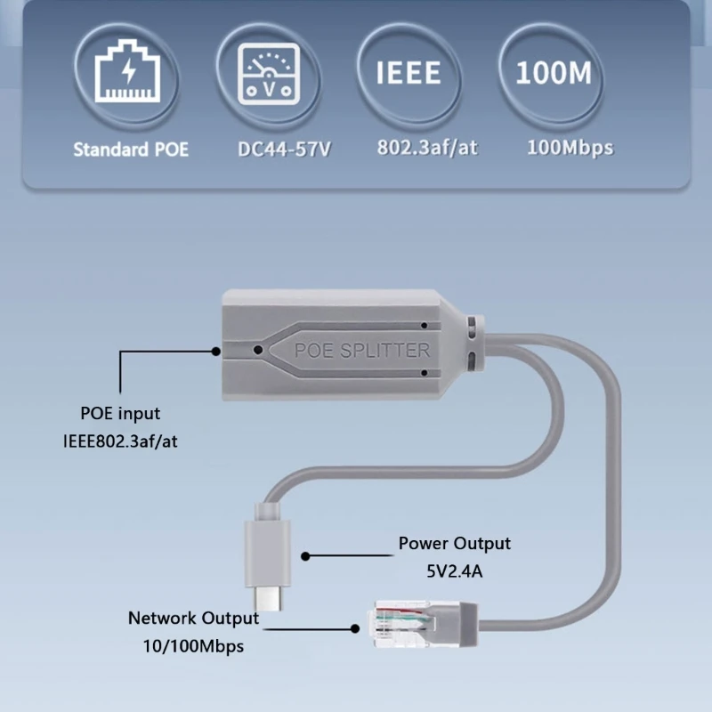 IEEE802.3af PoE Splitter USB C 48V To 5V2.4A For NonPoE Device Compatibility for Settop Box Gateways Shaking Head Camera 83CF
