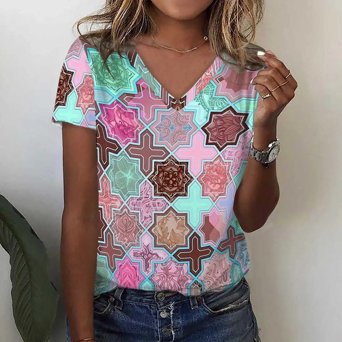 Fashion 3D Color Grid Printed Women's T-Shirt Casual V-neck Loose Short Sleeve Summer Cute Girl Tees Street Female Clothing Tops
