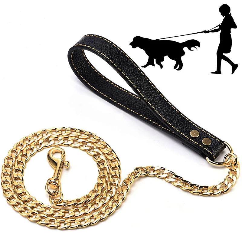 

Stainless steel Large Dog Leash chain Big Dog Lead Comfortable leather handle traction rope Metal chain Large Dog Leashes Lead